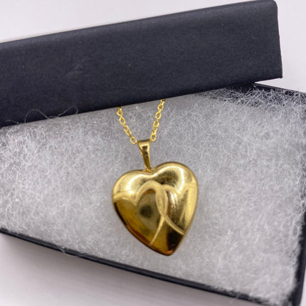 Vintage Gold Locket | Tiny 9k Gold Filled Heart Pendant Photo Memory Charm Engraved Two Hearts | Golden 925 Sterling Silver Chain Necklace