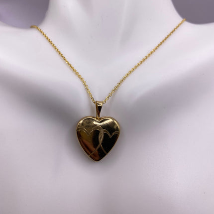 Vintage Gold Locket | Tiny 9k Gold Filled Heart Pendant Photo Memory Charm Engraved Two Hearts | Golden 925 Sterling Silver Chain Necklace