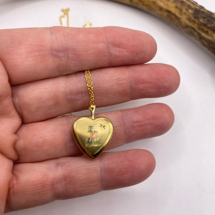 Vintage Gold Locket | Tiny 9k Gold Filled Heart Pendant Photo Charm Engraved ABC blocks - BABY | Gold 925 Sterling Silver Chain Necklace