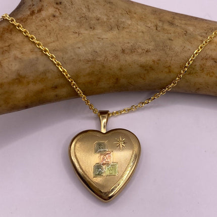 Vintage Gold Locket | Tiny 9k Gold Filled Heart Pendant Photo Charm Engraved ABC blocks - BABY | Gold 925 Sterling Silver Chain Necklace