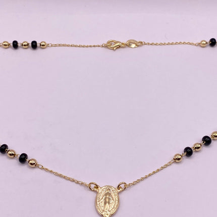 Vintage Gold Rosary Necklace | Black Onyx Gemstone Beaded 9k Gold Filled Cross Pendant Charm Rosary Prayer Necklace