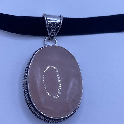 Vintage Pink Rose Quartz Boho Black Velvet Choker Silver Necklace - oval shape