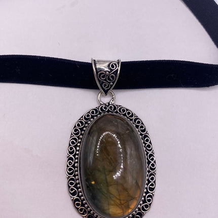 Vintage Pendant Choker Necklace | Green Red Labradorite Crystal Silver Bronze Pendant | Velvet Choker Statement Necklace