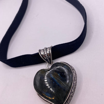 Vintage Labradorite Heart Boho Black Velvet Choker Silver Necklace