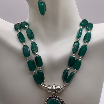 Vintage Green Onyx Beaded Silver Bronze Necklace set