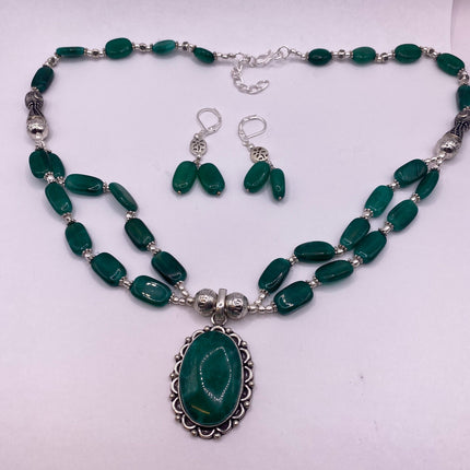 Vintage Green Onyx Beaded Silver Bronze Necklace set