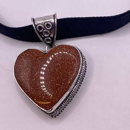Vintage Gold Sandstone Heart Boho Black Velvet Choker Silver Necklace