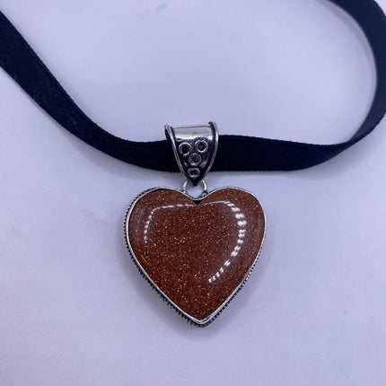 Vintage Gold Sandstone Heart Boho Black Velvet Choker Silver Necklace