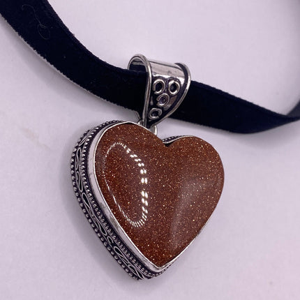 Vintage Gold Sandstone Heart Boho Black Velvet Choker Silver Necklace