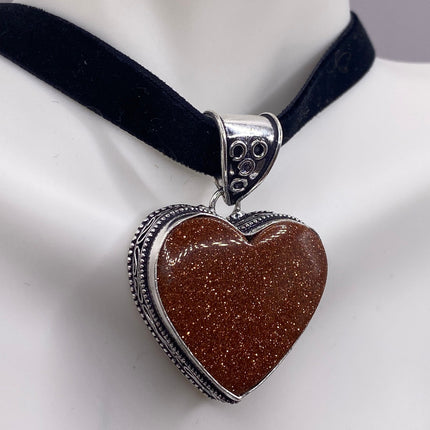 Vintage Gold Sandstone Heart Boho Black Velvet Choker Silver Necklace