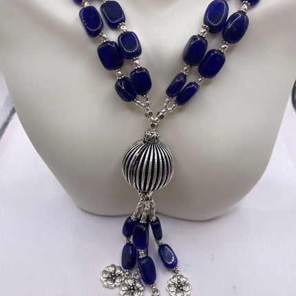 Vintage Beaded Necklace | Blue Onyx Gemstone Beads | Silver Bronze Casting Boho Unique Necklace | Something Blue
