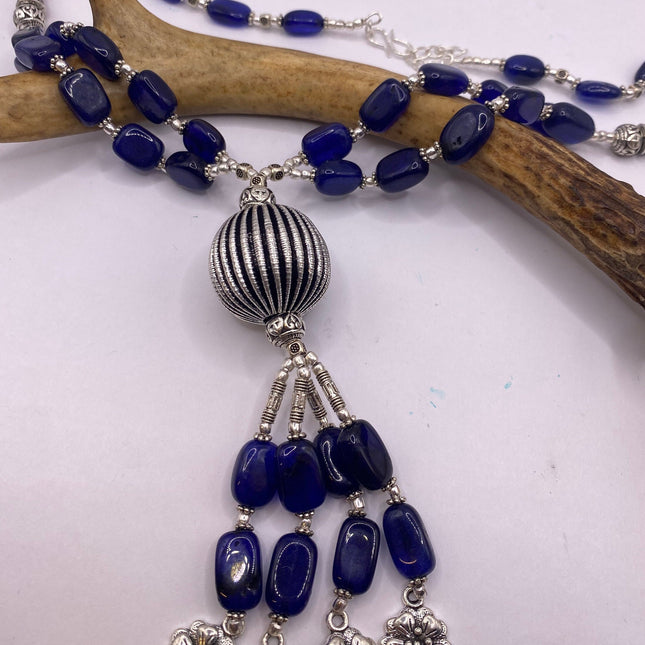 Vintage Beaded Necklace | Blue Onyx Gemstone Beads | Silver Bronze Casting Boho Unique Necklace | Something Blue