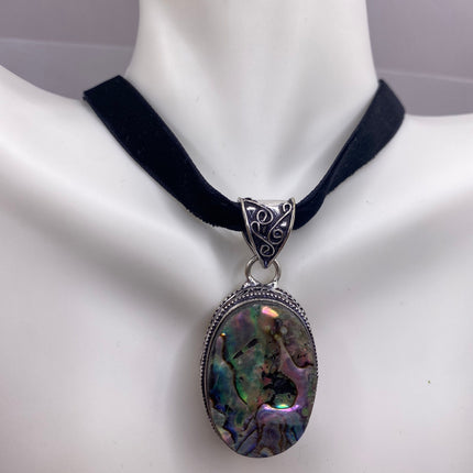 Vintage Pendant | Large Rainbow Abalone Haliotis Iris Shell | Silver Finished Bronze Velvet Choker Necklace | Unique Colorful Statement