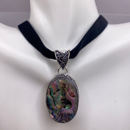 Vintage Pendant | Large Rainbow Abalone Haliotis Iris Shell | Silver Finished Bronze Velvet Choker Necklace | Unique Colorful Statement