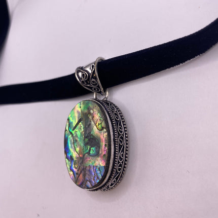 Vintage Pendant | Large Rainbow Abalone Haliotis Iris Shell | Silver Finished Bronze Velvet Choker Necklace | Unique Colorful Statement