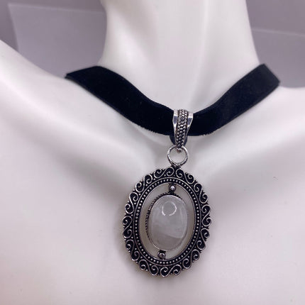 Vintage Silver White Bronze Rainbow Moonstone Black Velvet Choker Necklace
