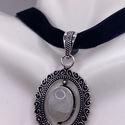 Vintage Silver White Bronze Rainbow Moonstone Black Velvet Choker Necklace