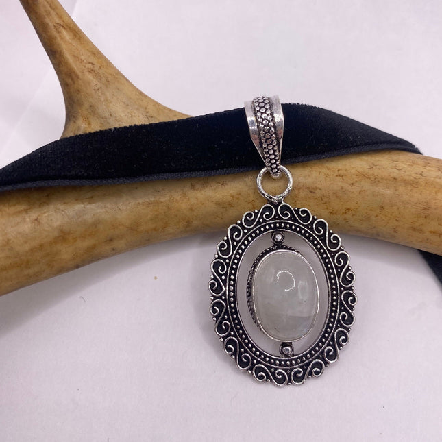 Vintage Silver White Bronze Rainbow Moonstone Black Velvet Choker Necklace