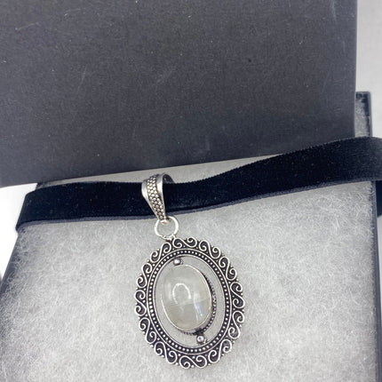 Vintage Silver White Bronze Rainbow Moonstone Black Velvet Choker Necklace