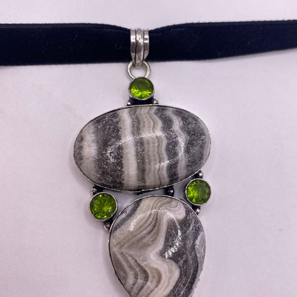 Vintage Gemstone Pendant Choker Necklace | Brown Agate Green Peridot Crystal Birthstone Set in Silver Bronze | Statement Festival Necklace