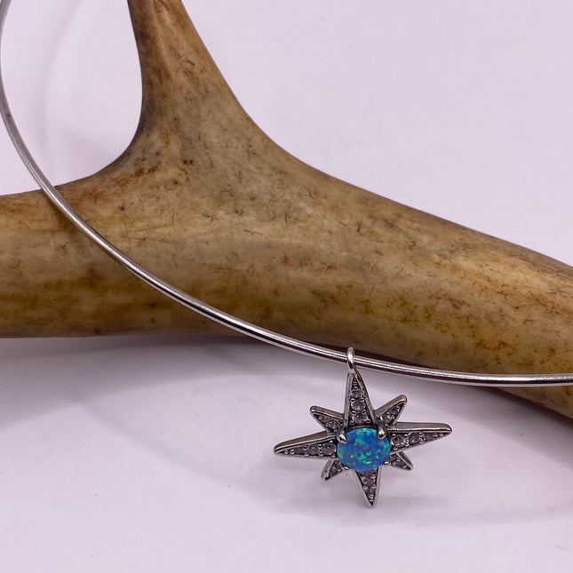 Vintage Silver Hoop Necklace | Tiny Blue Fire Opal White Sapphire Gemstone Star Charm Pendant Choker | 925 Sterling Silver Hoop Necklace