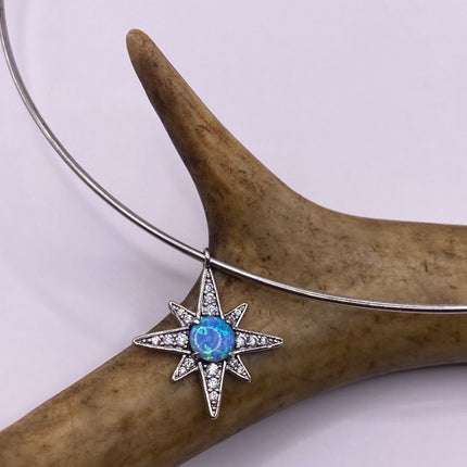 Vintage Silver Hoop Necklace | Tiny Blue Fire Opal White Sapphire Gemstone Star Charm Pendant Choker | 925 Sterling Silver Hoop Necklace