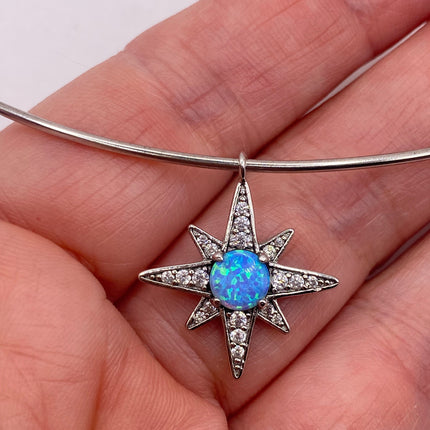 Vintage Silver Hoop Necklace | Tiny Blue Fire Opal White Sapphire Gemstone Star Charm Pendant Choker | 925 Sterling Silver Hoop Necklace