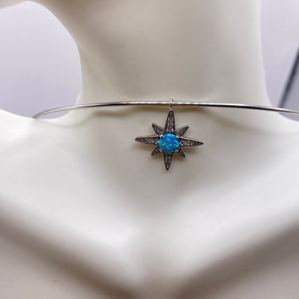 Vintage Silver Hoop Necklace | Tiny Blue Fire Opal White Sapphire Gemstone Star Charm Pendant Choker | 925 Sterling Silver Hoop Necklace