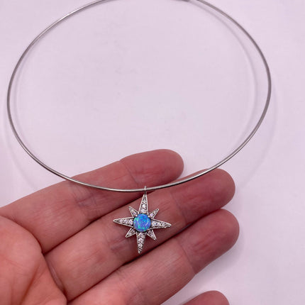 Vintage Silver Hoop Necklace | Tiny Blue Fire Opal White Sapphire Gemstone Star Charm Pendant Choker | 925 Sterling Silver Hoop Necklace