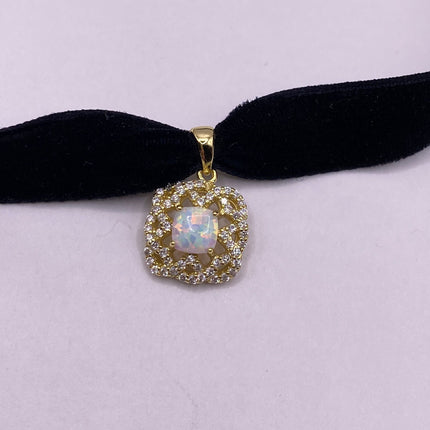 Vintage Gemstone Pendant Choker Necklace | White Fire Opal Diamond CZ Golden Sterling Silver Velvet Ribbon Choker - Free Shipping in US