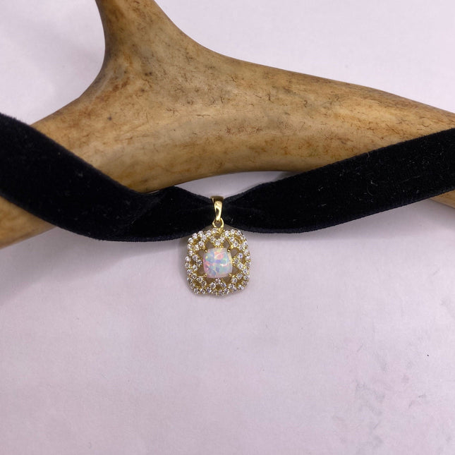 Vintage Gemstone Pendant Choker Necklace | White Fire Opal Diamond CZ Golden Sterling Silver Velvet Ribbon Choker - Free Shipping in US