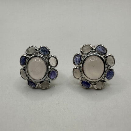 Vintage Silver Earrings | Rose Quartz Iolite Button Gemstone 925 Sterling Silver Flower Design Earrings