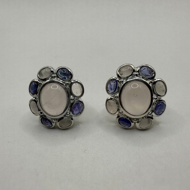 Vintage Silver Earrings | Rose Quartz Iolite Button Gemstone 925 Sterling Silver Flower Design Earrings