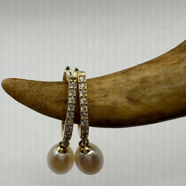 Vintage Gold Earrings | Tiny White Pearl Gemstone Deco Dangle Hoop Loop Earrings | Golden 925 Sterling Silver Elegant Everyday Jewelry