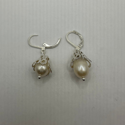 Vintage Silver Earrings | Deco White Pearl 925 Sterling Silver Chain Earrings