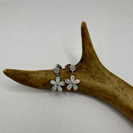 Vintage Silver Stud Earrings | White Fire Opal Sapphire Gemstones Multi Stone Flower Cluster | 925 Sterling Silver Stud Drop Earrings