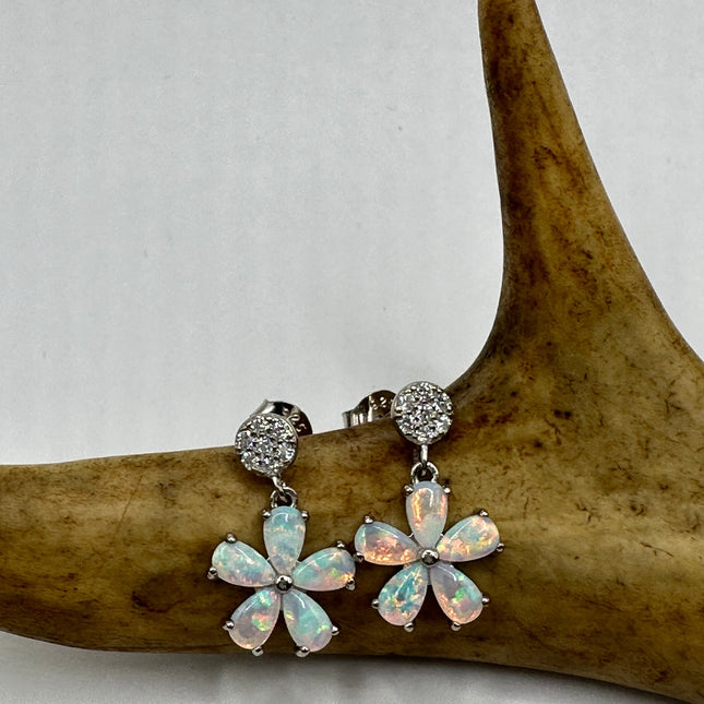 Vintage Silver Stud Earrings | White Fire Opal Sapphire Gemstones Multi Stone Flower Cluster | 925 Sterling Silver Stud Drop Earrings