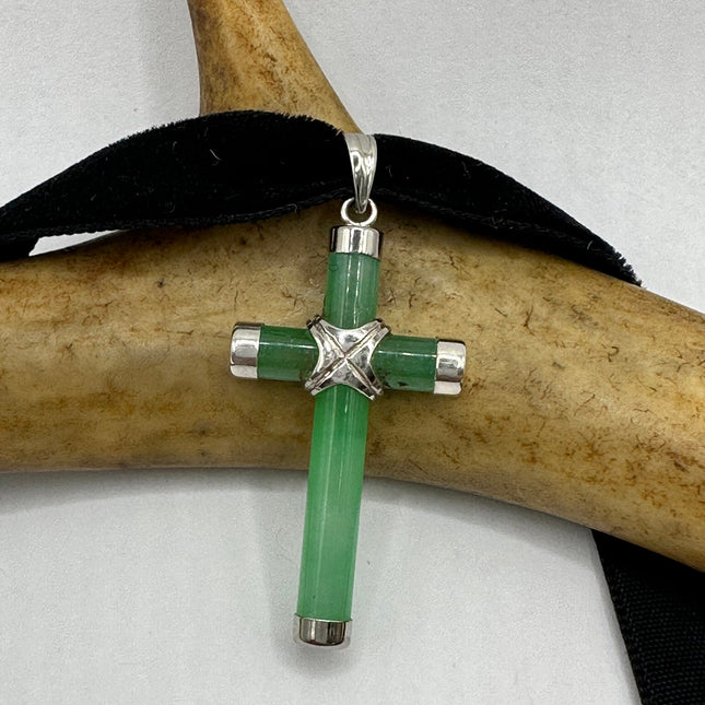 Vintage Silver Jade Pendant | Green Jade Cross Choker 925 Sterling Silver Necklace