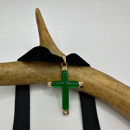 Vintage Green Jade Cross Choker Necklace - Golden Bronze
