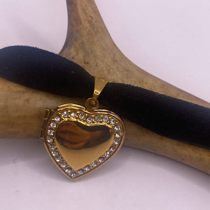 Vintage Gold Locket | Small Heart Clear Crystal Memory Charm | Golden Stainless Steel Pendant Holds Tiny Photo | Ribbon Choker Necklace