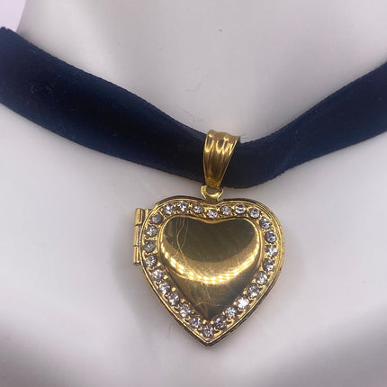 Vintage Gold Locket | Small Heart Clear Crystal Memory Charm | Golden Stainless Steel Pendant Holds Tiny Photo | Ribbon Choker Necklace