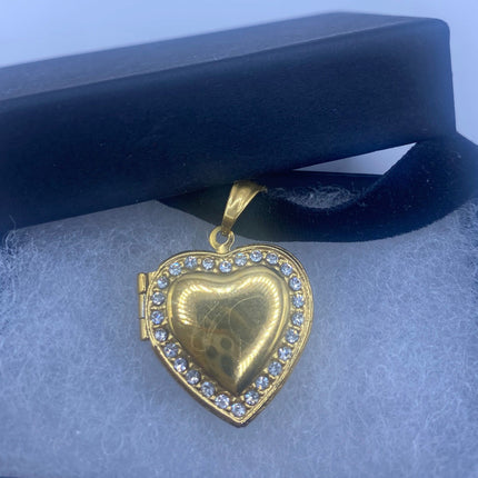 Vintage Gold Locket | Small Heart Clear Crystal Memory Charm | Golden Stainless Steel Pendant Holds Tiny Photo | Ribbon Choker Necklace