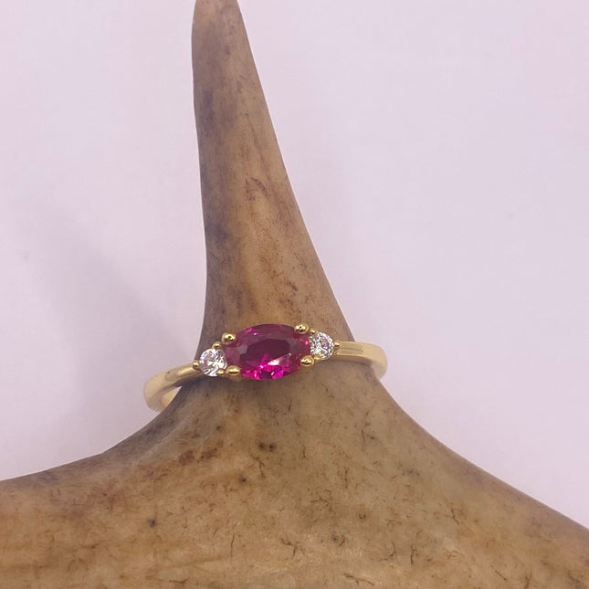 Vintage Pink Ruby Ring Tiny Crystal Stacking Ring - Gold 925 Sterling Silver