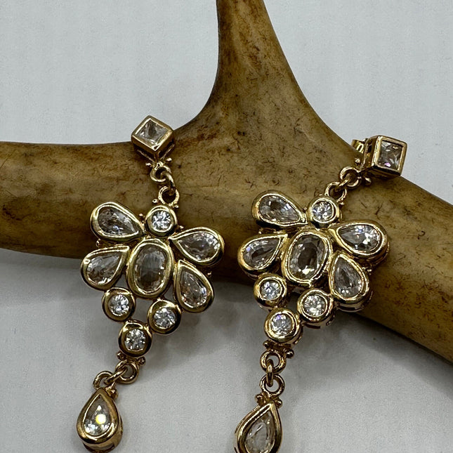 Vintage Gold Earrings | White Topaz Gemstone Deco Crystal Cluster | Golden 925 Sterling Silver Chandelier Earrings | Special Occasion