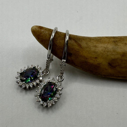 Vintage Silver Earrings | Blue Mystic Topaz White Sapphire Gemstone Dangle Drop Chandelier Earrings | 925 Sterling Silver