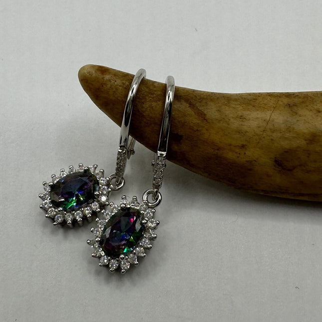 Vintage Silver Earrings | Blue Mystic Topaz White Sapphire Gemstone Dangle Drop Chandelier Earrings | 925 Sterling Silver