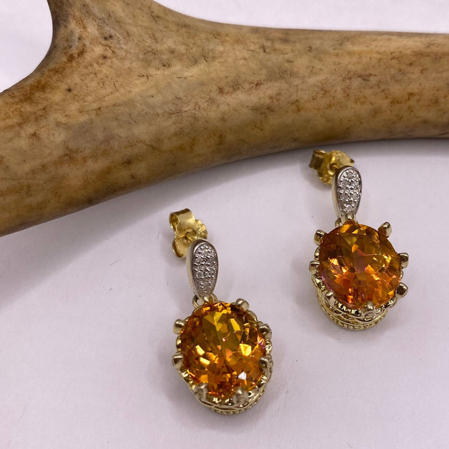 Vintage Gold Earrings | Citrine White Sapphire Deco Gemstone Dangle Drop | Golden 925 Sterling Silver Earrings
