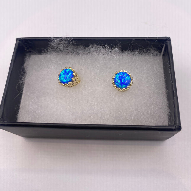 Tiny Gold Earrings | Mini Blue Fire Opal Gemstone | Golden 925 Sterling Silver Dainty Stud Button Earrings