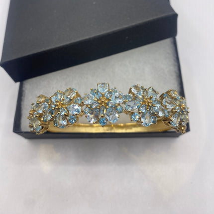 Vintage Gold Bangle | Aquamarine Blue Topaz Floral Flower Design Bangle Cuff | Golden 925 Sterling Silver | Something Blue Bracelet