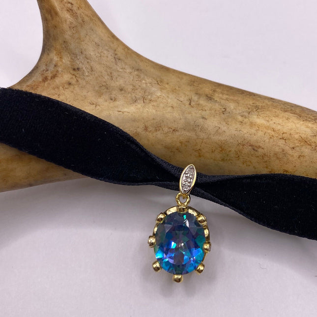 Vintage Mystic Blue Topaz Golden 925 Sterling Silver Black Velvet Choker Necklace